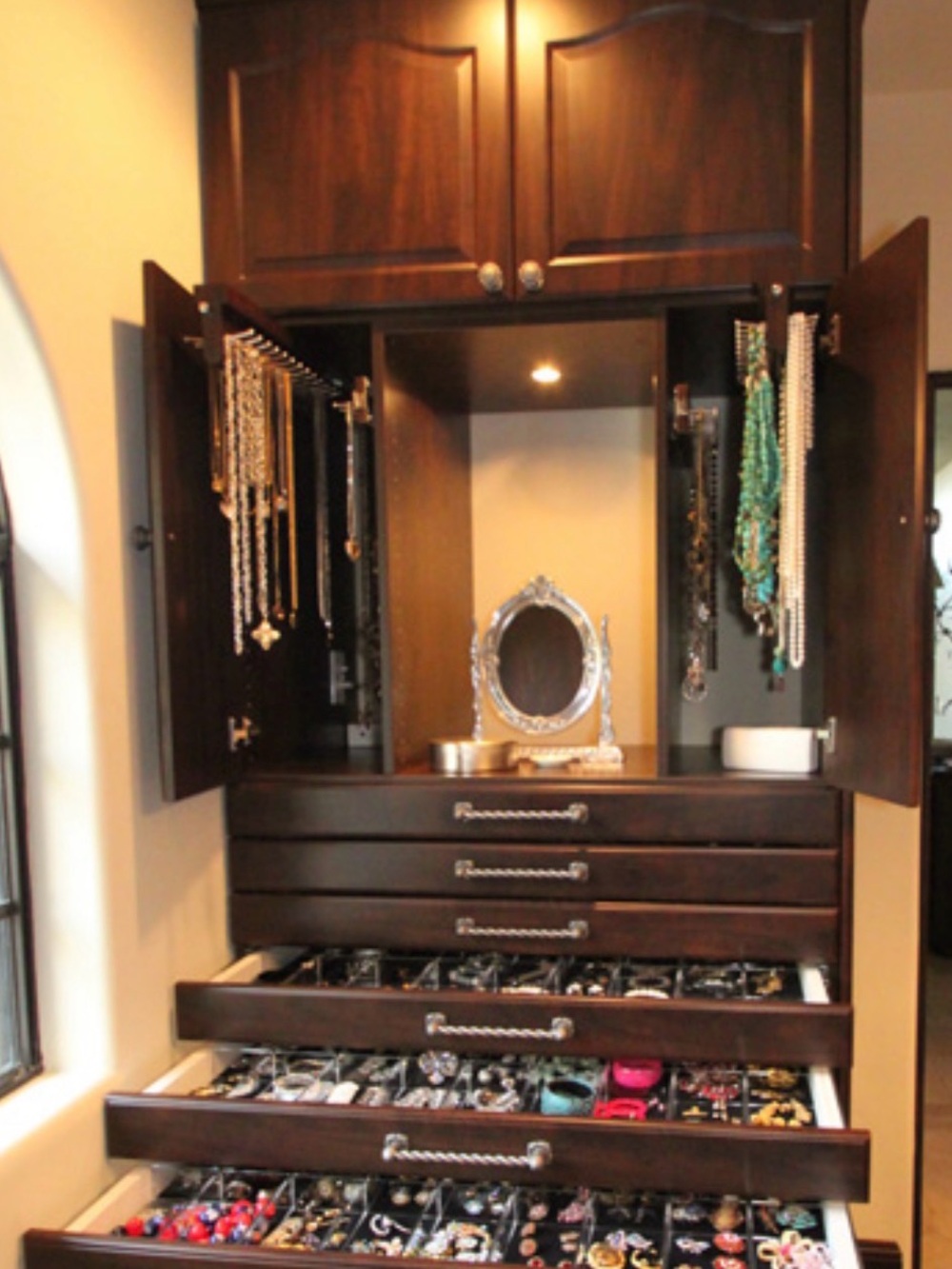 Wood Jewelry Armoire Cabinet in Dark Brown - Wall-Mounted Storage